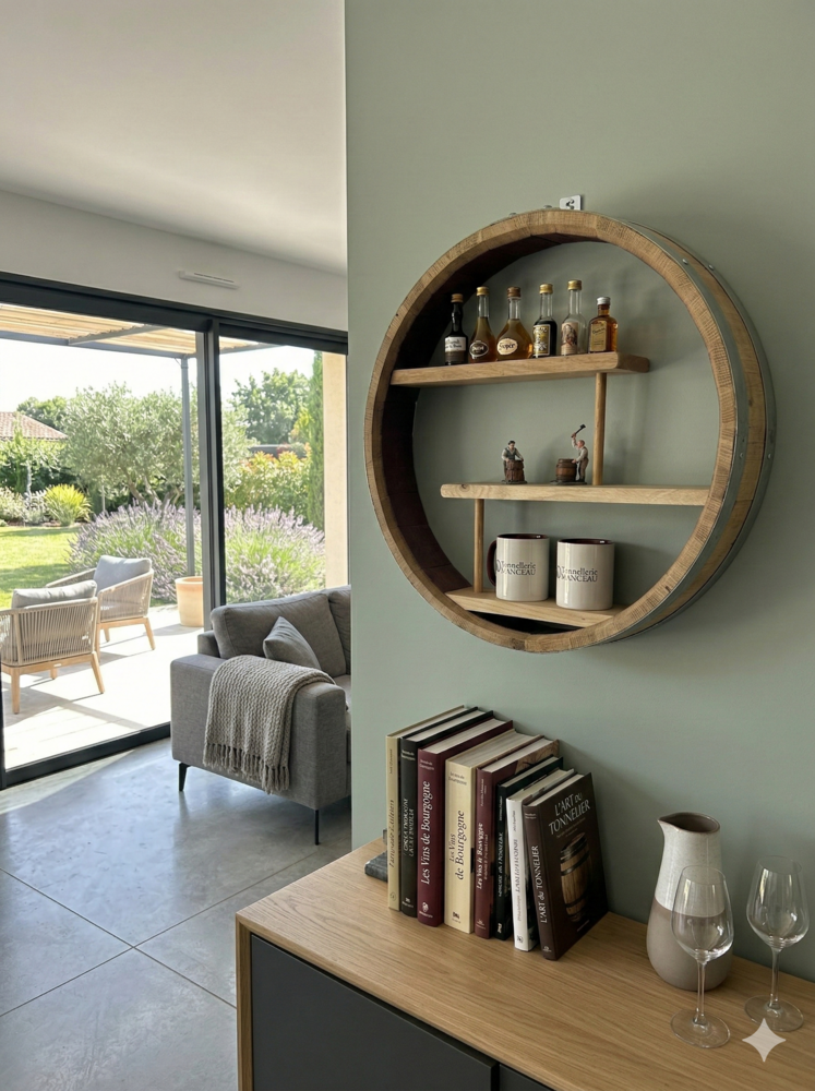 Étagère murale tonneau en chêne massif